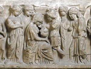 Romersk antikvitet: "" Phedrus tristhed i kærlighed og frastødt af Hippolyte"" Lavt relief af sarkofag kaldet "" Phedrus og Hyppolite"". 3. e.Kr. Palermo, Museo Archeologico Nazionale af Roman