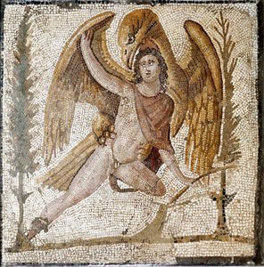 Romersk kunst: "" Ganymedes er taget væk af en ørn""" Mosaik fra en villa tilhørende kejser Septius Severes familie. Slutningen af 2. århundrede efter JC. Rom, Museo Nazionale Romano af Roman