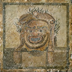Romersk kunst: Romersk teatermaske. Mosaik fra Ampurias (Empúries). 2. århundrede e.Kr. Spanien Empurias Museum af Roman