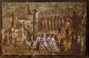 Romersk kunst: "" Tabula Iliaca"" indgang fra den trojanske hest. Trojanerne trækker hesten til væggene, mens Cassandre forsøger at modarbejde dem. Fresko fra Pompei. Napoli, Museo Archeologico Nazionale af Roman