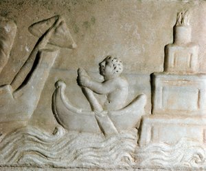 Romersk kunst: "" en sømand, der leder et skib i havnen i Ostia (Ostia), byens fyrtårn er synligt"" Detalje af et relief fra det 1. århundrede e.Kr. Ostia, Museo Ostiense af Roman