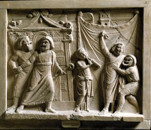 Romersk kunst: komedieteaterscene (komedie) af stykket "Andria" af Terence (Publius Terentius Afer) (185-159 f.Kr.), relief fra Pompei - Museo Archeologico Nazionale Napoli - Scene for den græske komedie Andria, af Terence (Publius Terentius Afer) (195/185 af Roman