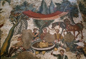 Romersk kunst: detalje af mosaikken "" Den lille jagtdel"" Jægere hviler sig og spiser frokost i en skov. 315-350 e.Kr. Piazza Armerina, Villa Romana del Casale af Roman