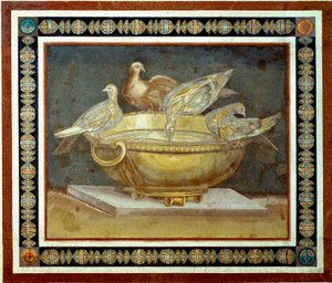 Romersk kunst: fire duer, der drikker et springvand. Mosaik kommer fra Villa Adriana (Villa d