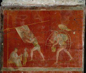Romersk kunst: "" fullonica""" eller slidbane"" scene, der repræsenterer rengøring af tøj. Kalkmaleri fra villaen Fullonica stephani (La fullonica de Stephanus) i Pompei, som blev brugt som vaskehus og farvning. Maleri fra det 1. århundrede e.Kr. Napoli, M af Roman