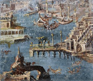 Romersk kunst: landskab med en havn, der almindeligvis identificeres som Pozzuoli (fresko) af Roman