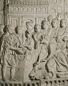 Romersk kunst: lavrelief, der repræsenterer Sarmat-borgere, der hylder romerne. Fra reliefferne af Marc-Aureles søjle (Marx Aurele). 2. århundrede e.Kr. Rom, Museo della Civilta Romana af Roman
