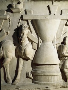 Romersk kunst: lavrelief, der repræsenterer et møllehjul. 1. århundrede e.Kr. Rom Museo della Civilta Romana af Roman