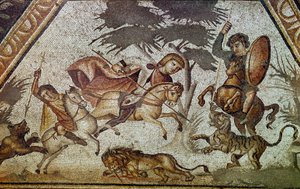 Romersk kunst: mosaik af årstiderne fra gården til den konstantinske villa "" Daphne"". Detalje, der viser en scene med løve- og tigerjagt. Fra Faubourg i Antioche-sur-l