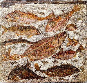 Romersk kunst: mosaik, der repræsenterer fisk. 1. eller 2. århundrede e.Kr. Fra Villa dei Settimii på Via Cassia. Rom, Museo Nazionale Romano -romersk kunst: mosaik, der forestiller fisk. 1. eller 2. århundrede e.Kr. Fra Villa dei Settimii, Via Cassia. Nat af Roman