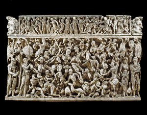 Romersk kunst: scene for kampe mellem romerske krigere og barbarer under de Marcomanske (eller Marcomanniske) krige. Relief af sarkofagen kaldet Portonaccio af en general af Marc Aurele. 180-190. Rom, Museo Nazionale Romano (o delle Terme) af Roman