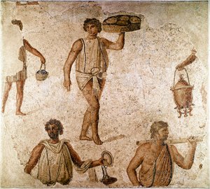 Romersk kunst: tjenere ved en banket. Fragment af mosaik fra Kartago, Tunesien. 180-190 e.Kr. Paris, Louvre-museet af Roman