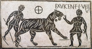 Romersk kunst: "" to kvinder, der tæmmer en tiger""" Mosaik fra Castro pretorio i Rom. 1. århundrede e.Kr. Rom, Museo Nazionale Romano af Roman