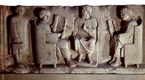romersk civilisation. Relief, der viser skolescenen. Trier, tidligere kendt på engelsk som Treves er en by i Tyskland ved bredden af Mosel, erobret af romerne i det sidste 1. århundrede f.Kr. og omdøbt til Trevorum af Roman