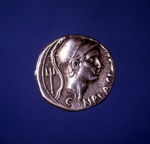 Sølvmønt med billedet af Scipio den afrikanske (235 f.Kr. - 183 f.Kr.). af Roman