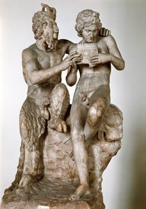 Statuette af guden Pan, der lærer fløjten, har sin eromene, hyrden Daphnis 1. århundrede f.Kr. Romersk marmorskulptur efter en græsk original. Det nationale arkæologiske museum i Napoli - Pan og Daphnis (eller Olympus). Romersk kopi efter en hellenistisk s af Roman