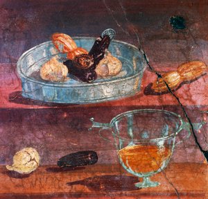 Stilleben med hvidløg, dadler og honning, to guld- og sølvmønter mellem frugt, vægmaleri fra House of Deer, Herculaneum (Unescos verdensarvsliste af Roman