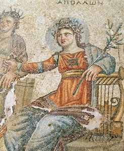 Apollo og Marsyas mosaikken, detalje af Plinius og Apollo, House of Aion, Paphos, Cypern mosaik af Roman
