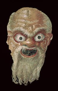Teatermaske, østmuren, Oecus 5, 60-50 f.Kr. freskomaleri fra 57188 af Roman