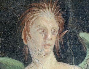 Bevinget geni, fragment af fresco fra Villa of Publius Fannius Synistor, Boscoreale, Campania, Italien, Detalje, romersk civilisation af Roman