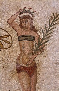 Unge romere engageret i fysiske øvelser. De bærer et lændeklæde rundt om nyrerne og en strophium (ancetra af bh