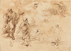Studier til en bibelsk scene med Gud Faderen, der viser sig for en skægget mandsfigur af Roman 17th Century