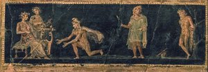 Den musikalske konkurrence mellem Apollo og Marsyas, 1. århundrede f.Kr. AD. af Roman Pompeian wall painting.