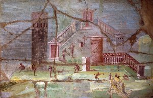 Gammel romersk fresco med landskab fra Pompeji af Roman Roman