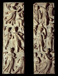 Det antikke Rom: udskåret diptykon i elfenben, der repræsenterer seks muser og seks digtere (eller filosoffer). 5. århundrede efter JC. Paris, Louvre-museet af Roman Roman
