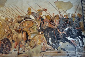 Detalje af en mosaik fra Pompei: Slaget ved Issos mellem Alexander og Dareios (4. århundrede f.Kr.). - Kong Darius III Codoman (380-330 f.Kr.), desempare på sin stridsvogn - opus vermiculatum - Arkæologisk Museum i Napoli, Italien - Museo Archeologico Nazi af Roman Roman