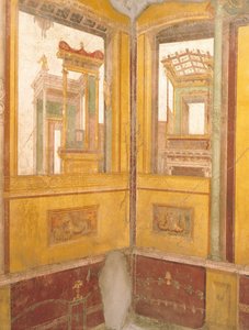 Detalje af freskomalerier i faux arkitektur, House of Vettii, Pompeji, Campania, romersk civilisation af Roman Roman