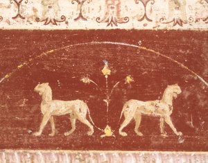 Fresko dekoration fra Hall of Tablino, House of Marcus Lucretius Fronto, Pompeji, Campania, romersk civilisation af Roman Roman
