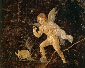 Fresko af Amor, der jager en hare fra Pompeji, Napoli-provinsen, Italien, romersk civilisation af Roman Roman