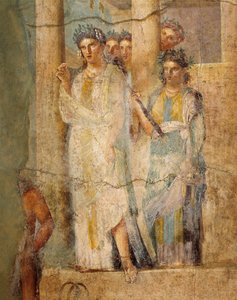 Kalkmaleri, der afbilder Iphigenia in Taurus, Detalje af tjenestepiger, fra House of L. Caecilius Giocondus i Pompeji, Italien af Roman Roman