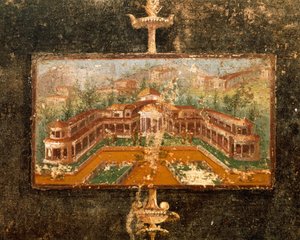 Landskab og arkitektur i vægmaleri i tablinum, 3. Pompeiansk stil, Marco Lucrezio Frontos hus, fra Pompeji, Campania, Italien af Roman Roman