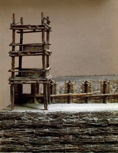 Model, der gengiver belejringen og slaget ved Alesia i september 52 f.Kr. af Jules Cesar, der så Vercingetorix nederlag. Detalje, der repræsenterer forsvarssystemet bygget af Cesar. Rom, Museo della Civilta Romana af Roman Roman