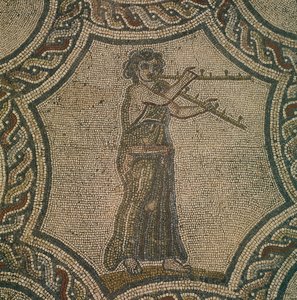 Mosaik, der forestiller kvindelig fløjtenist fra House of Dionysus, i Volubilis, Marokko, romersk civilisation, af Roman Roman