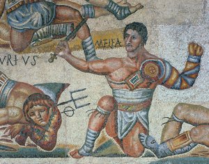Mosaik med en scene med kæmpende gladiatorer, detalje af en triumferende gladiator af Roman Roman