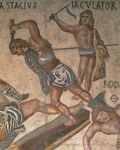 Mosaik med en scene med kæmpende gladiatorer, detalje af en gladiator iført rustning af Roman Roman