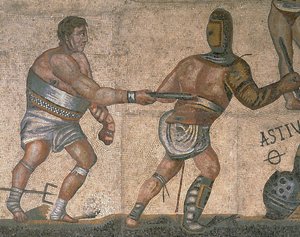 Mosaik med en scene med kæmpende gladiatorer, detalje af en gladiator iført rustning af Roman Roman