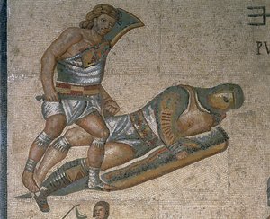 Mosaik med en scene med kæmpende gladiatorer, detalje af en gladiator iført rustning af Roman Roman