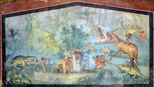 Maleri på gips, der forestiller en nilotisk scene med pygmæer, der angriber krokodiller og flodheste, 75x127 cm, fra Pompeji (UNESCOs verdensarvsliste af Roman Roman