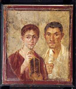 Portræt af bager Terentius Neo og hans kone i formelt tøj fra Italien, Campania, Pompeji, 55-79 e.Kr., maleri på gips
