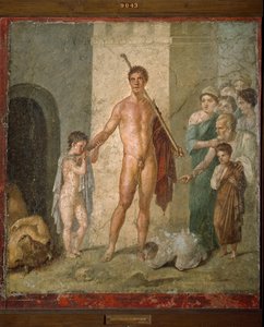 Repræsentation af Thesee, heltene fra den græske mytologi, der befrier de syv unge mænd fra labyrinten efter minotaurens triumf. Fresko fra Villa de Gavius Rufus i Pompei. Svag. 88x97 cm Arkæologisk museum i Napoli - romersk kunst: repræsentation o af Roman Roman