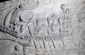 Romersk kunst: "" romerske soldater på en kabys på Donau under den første krig i Dacia"" Form fra 1862, der gengiver basreliefferne af søjlen af Trajan (søjle Trajane) (Colonna Traiana) i Rom bygget under kejserens regeringstid Trajan (53-117). Trajaen af Roman Roman