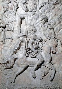 Romersk kunst: "" troede en numid rytter"" Form fra 1862, der gengiver basreliefferne af søjlen af Trajan (søjle Trajane) (Colonna Traiana) i Rom bygget under kejser Trajans regeringstid (53-117). Trajane-søjlen mindes den sejrrige cam af Roman Roman
