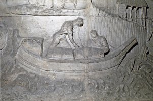 Romersk kunst: "" båd læsser proviant på Donau under den første krig i Dacia"" Form fra 1862, der gengiver bas-reliefferne af søjlen af Trajan (søjle Trajane) (Colonna Traiana) i Rom bygget under kejser Trajans regeringstid ( 53-117). Trajane co af Roman Roman