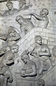 Romersk kunst: "" opførelse af et fort i den romerske lejr"" Form fra 1862, der gengiver basreliefferne af søjlen af Trajan (søjle Trajane) (Colonna Traiana) i Rom bygget under kejser Trajans regeringstid (53-117) . Trajanesøjlen mindes t af Roman Roman