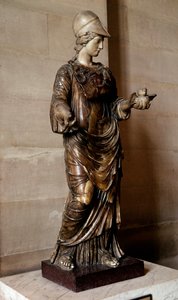 Romersk antik: statue af Minerva draperet og dækket med egiden, der holder en ugle i hånden. Skulptur i albaster og marmor. Hun er identificeret med den græske gudinde Athena. søn 1.33 m. Paris, Louvre-museet af Roman Roman