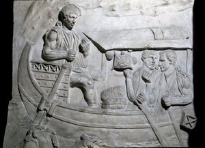 Romersk kunst: ""romerske soldater på et skib under den første krig i Dacia"" Form fra 1862, der gengiver basreliefferne af søjlen af Trajan (søjle Trajane) (Colonna Traiana) i Rom bygget under kejser Trajans regeringstid (53) -117). Trajane-søjlen commem af Roman Roman